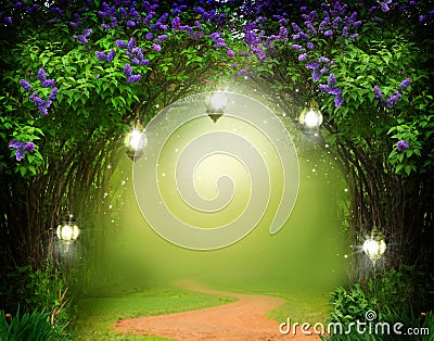 Fantasy background . Magic forest with road. Stock Photo