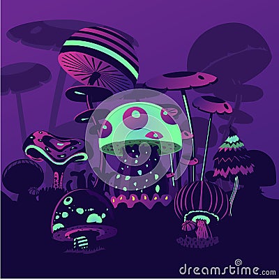 Fantasy background with neon mushrooms. Magic landscape. Computer game concept. Vector Illustration