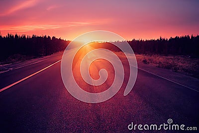 Fantasy beautiful road in colorful sunshine abstract background. Dramatic mysterious fairytale scene with highway under Stock Photo