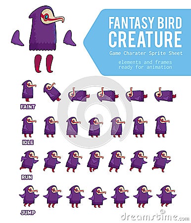 Fantasy Bird creature Game Character Sprite Sheet Vector Illustration
