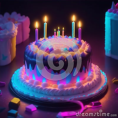 fantasy birthday cake with glowing neon lights Stock Photo