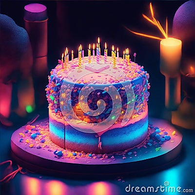 fantasy birthday cake with glowing neon lights Stock Photo