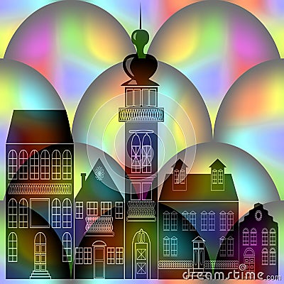 Fantasy black town silhouette on rainbow spheres background Stock Photo