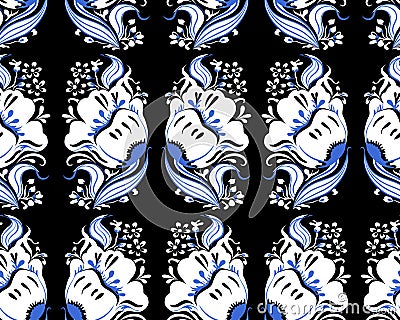 Fantasy black and white flowers seamless pattern Cartoon Illustration