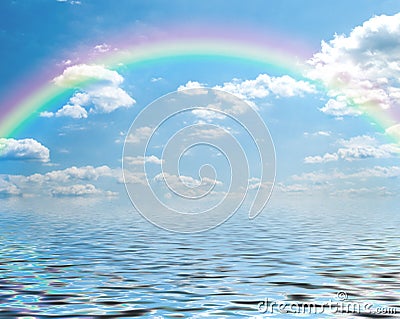 Fantasy of a blue sky and rainbow with cumulus clo Stock Photo