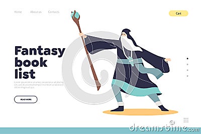 Fantasy book list concept of landing page with old wizard sorcerer with magic staff Vector Illustration