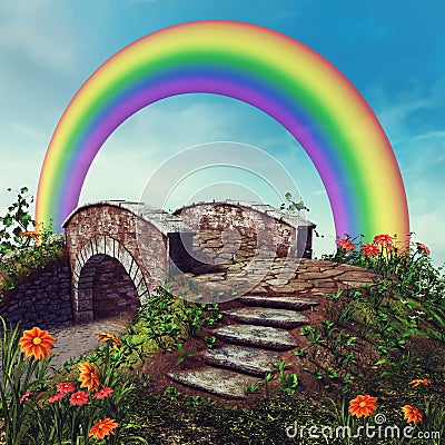 Fantasy bridge and rainbow Stock Photo