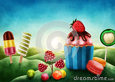 Fantasy candyland with cupcake Stock Photo