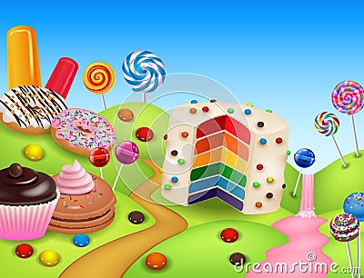 Fantasy candyland with dessrts and sweets Vector Illustration