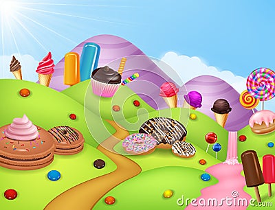 Fantasy candyland with dessrts and sweets Vector Illustration