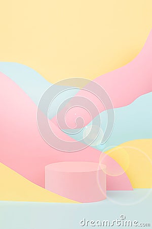 Fantasy cartoon abstract scene mockup - round pink podium, mountain landscape - pink, yellow, mint color, sun blinks, vertical. Stock Photo