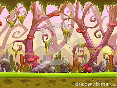 Fantasy cartoon forest seamless landscape Vector Illustration