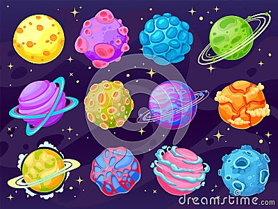 Fantasy cartoon planets. Multicolor cosmic planet objects for game design, fantastic galaxy world space universe ui Vector Illustration