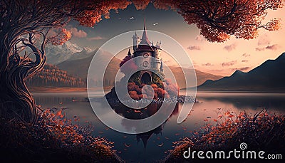 Fantasy castle abstract fairytale land on a lake with mountains. Magical sunset world. Colorful palace church. Enchanted kingdom Cartoon Illustration