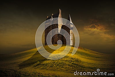 Fantasy castle behind the green grass hill Stock Photo