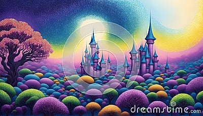 Fantasy Castle city anime art of magestic fortess in fairy land royal background ai generated Stock Photo