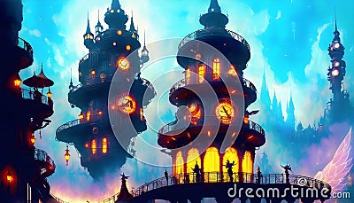 Fantasy Castle city anime art of magestic fortess in fairy land royal background ai generated Stock Photo