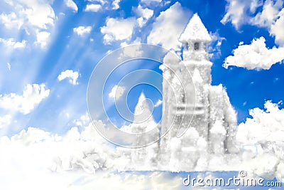 Fantasy castle from clouds in the sky, 3D Stock Photo