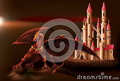 Fantasy castle and dragon Vector Illustration