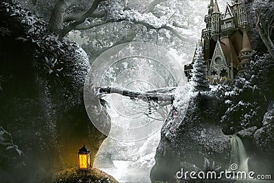 a fantasy castle on a hill in the winter against a backdrop of forests and valleys and a bridge from a tree Stock Photo