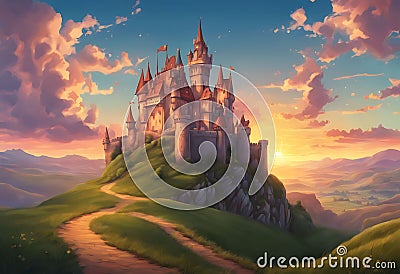 Fantasy Castle on a Hilltop: Enchanted Skies and Rolling Hills Stock Photo
