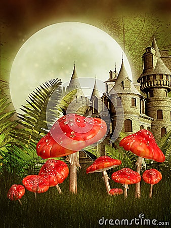 Fantasy castle and mushrooms Stock Photo