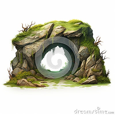 Fantasy Cave With Semi-realistic Grass Illustration Stock Photo