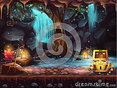 Fantasy cave with a waterfall, tree, treasure chest Vector Illustration