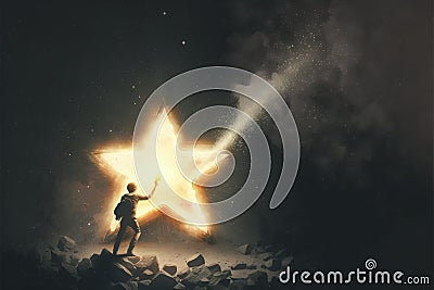 Fantasy character smashing star with stardust creator device Stock Photo