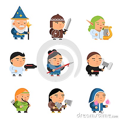 Fantasy characters. 2d game sprite male and female heroes computer soldiers rpg shooter mascots soldiers knights wizards Vector Illustration