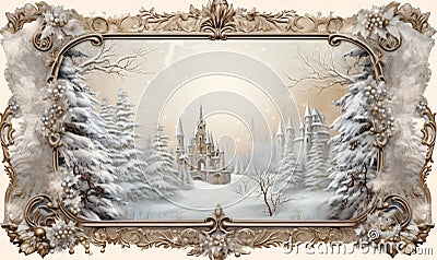 Fantasy christmas vintage frame with snow-covered castle in a winter forest is a fairytale christmas scene. Stock Photo