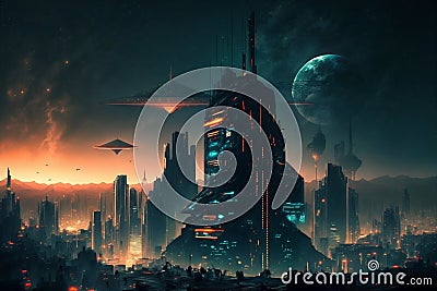 Fantasy city of the future. Futuristic world. Night view, neon lights. Generative AI. Stock Photo