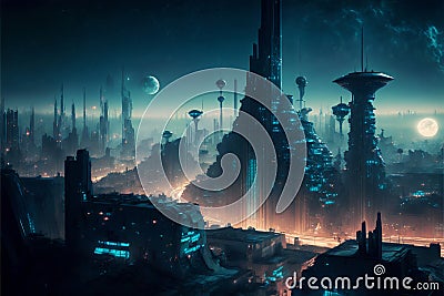 Fantasy city of the future. Futuristic world. Night view, neon lights. Generative AI. Stock Photo