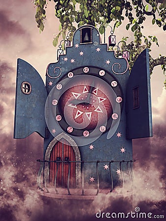 Fantasy clock house hanging from a tree Stock Photo