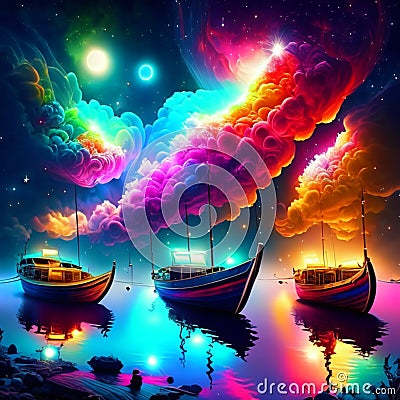 Fantasy clouds in the night sky with ships. Vector illustration. AI generated Cartoon Illustration