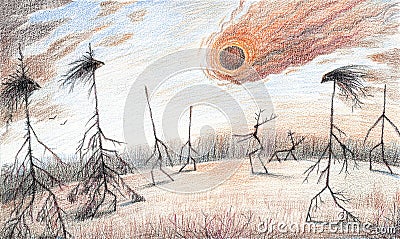 Fantasy colored pencils artwork with Tunguska unexplained event meteorite falling in the taiga woods Stock Photo