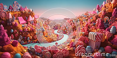 Fantasy colorful candy land with cotton candy, lollipops and other assorted candies. Generative AI Stock Photo