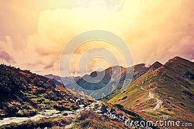 Fantasy and colorfull nature mountains landscape. Stock Photo