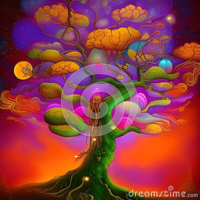 Fantasy colourful tree, AI generative tools Stock Photo