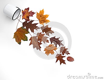 Fantasy composition of autumn leaves and mugs on the white background Stock Photo