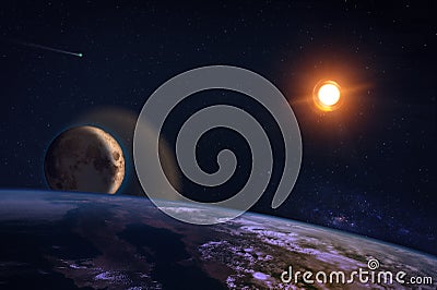 Fantasy composition of the planet Earth and the Moon Stock Photo