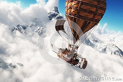 Fantasy concept of a steam powered balloon craft airship sailing through a sea of clouds Cartoon Illustration