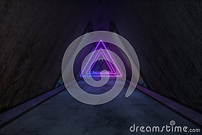 Fantasy concrete tunnel building with glowing neon light. 3d rendering Cartoon Illustration