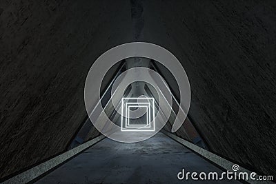 Fantasy concrete tunnel building with glowing neon light. 3d rendering Cartoon Illustration
