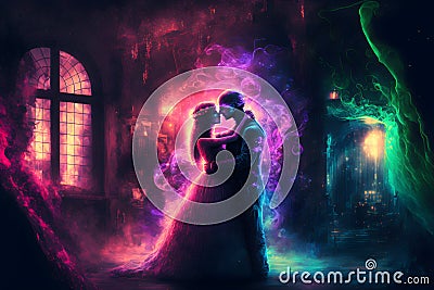 Fantasy couple embrancing and kissing in front of building in a magic rgb scenery. Stock Photo