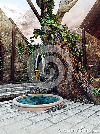 Fantasy courtyard with an old tree and a small pool Stock Photo