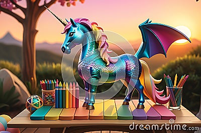 Fantasy Creature Toy: Merging the Whimsy of a Unicorn, the Scales of a Dragon, and the Colors of a Sunset Stock Photo