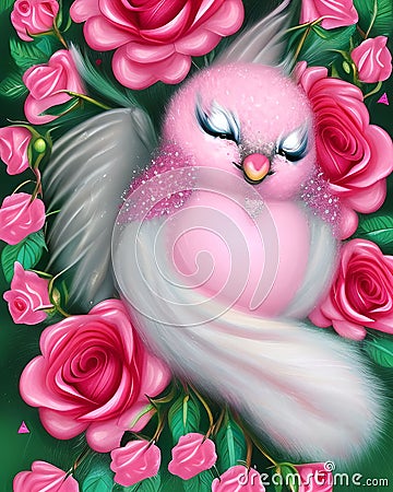 Fantasy Cute and Adorable Kawaii Fluffy Long Tailed Pink Bird Stock Photo
