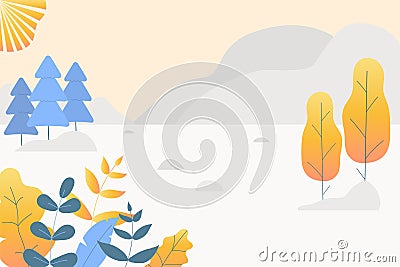 Fantasy cute autumn landscape. Trendy fashion plants, leaves,mountains,sun and nature in minimalistic flat design style. Bushes, Vector Illustration