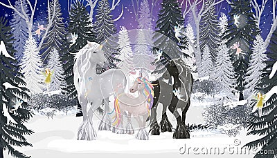 Fantasy cute cartoon Unicorn family and little fairies flying in magic forest at Christmas night, Vector illustration landscape of Cartoon Illustration